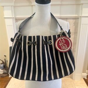 Kate Spade Canvas & Leather Horizontal Multi
Pocketed Tote Purse Bag w Charm